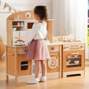 Kids Wooden Play Kitchen With Oven And Refrigerator